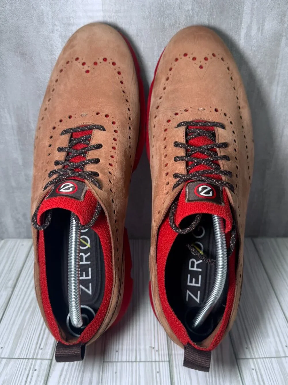 Cole Haan ZERØGRAND Wingtip Oxford Shoes Men's 13M Tan Suede Red C33628 EXCELLEN